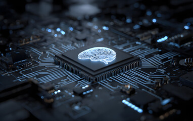 A Cybernetic Brain. An electronic chip in the form o a human brain in the centr of a circuit board in surounding of digital cybersace. 3D-rendering graphicson the theme of ArtificialIntelligence
