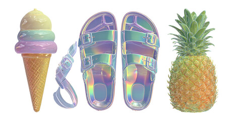 Colorful Ice Cream Cone, Sandals, and Pineapple on White Background