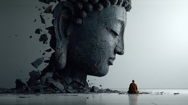Artificial Intelligence and mindfulness concept with a monk meditating before a fragmented digital Buddha statue