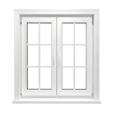 White double-hung window, isolated on white background, showing panes