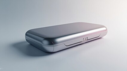 A metallic, rectangular case sits angled on a light gray surface, showcasing smooth, reflective surfaces and subtle shading.