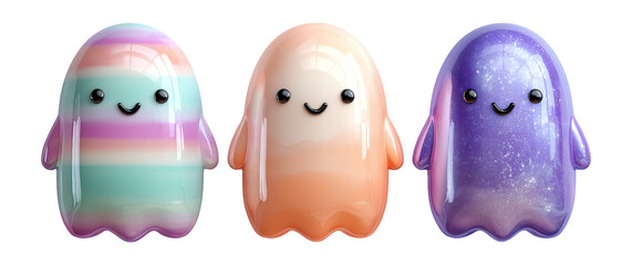 Cute Colorful Ghost Characters with Smiling Faces and Glossy Finish
