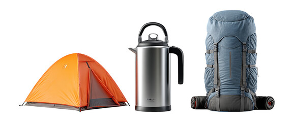 Camping Gear: Orange Tent, Stainless Steel Kettle, and Backpack