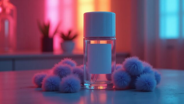 A glass perfume bottle with a blank label, nestled amongst soft purple pom-poms, bathed in vibrant neon lighting. - Powered by Adobe
