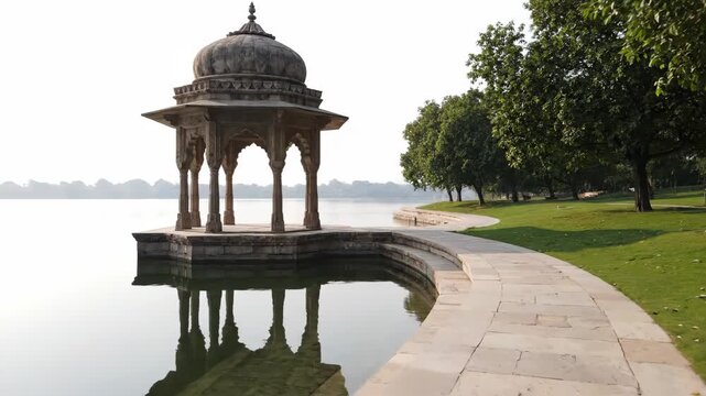An ancient stone gazebo with a domed roof sits at the edge of a calm lake, with a curved walkway and trees along the shore.