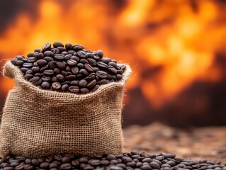 Close-up of a rustic burlap sack overflowing with dark roasted coffee beans in front of a background of glowing embers and fiery heat, captu raw freshness and rich aroma