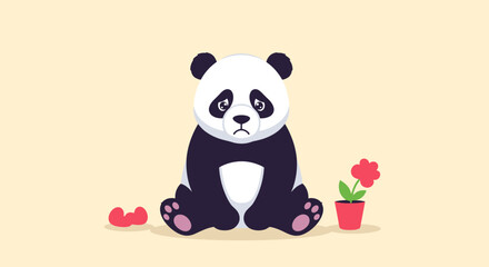 Fototapeta premium Sad Panda Bear Illustration with Drooping Flower in a Pot for Children's Books and Environmental Awareness Campaigns