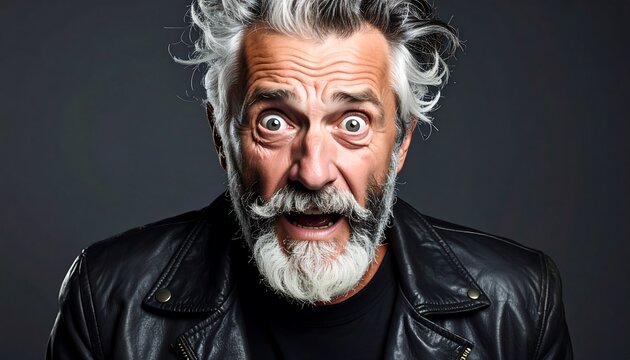 A man with a substantial white beard and gray hair, wearing a black leather jacket, expresses astonishment and surprise in a  portrait.