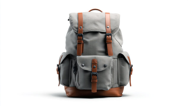 A grey canvas backpack with brown leather accents, isolated on white background - Powered by Adobe