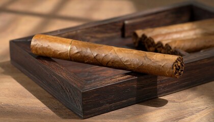 Wooden cigar box with a single, whole cigar