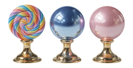 Colorful Decorative Globes with Swirls and Sparkles on Pedestals