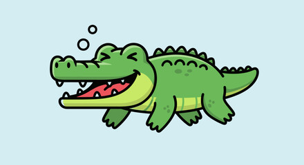 Fototapeta premium Playful Green Alligator Cartoon Illustration with Happy Expression and Bubbles, Perfect for Children's Books or Educational Materials.