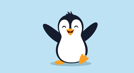 Naklejka premium Adorable Penguin Cartoon Character with Open Arms and Happy Expression. Ideal for children's illustrations, educational materials, and cheerful greeting cards.