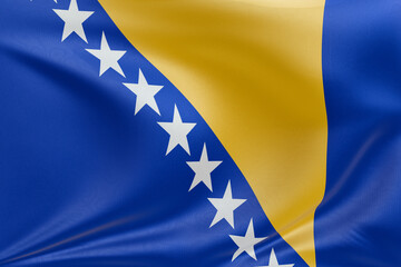Dynamic waving flag of Bosnia and Herzegovina, fabric details with folds and ripples, embodying...