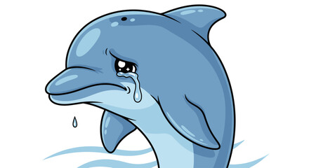 Naklejka premium Cartoon Dolphin Crying with Tears Running Down its Face, Expressing Sadness, Loneliness, or Grief for Use in Children's Books and Educational Materials