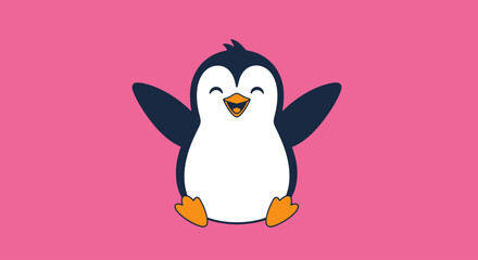 Obraz premium Cheerful penguin illustration with open arms and joyful expression on a pink background. Ideal for children's books, educational resources, and greeting cards.
