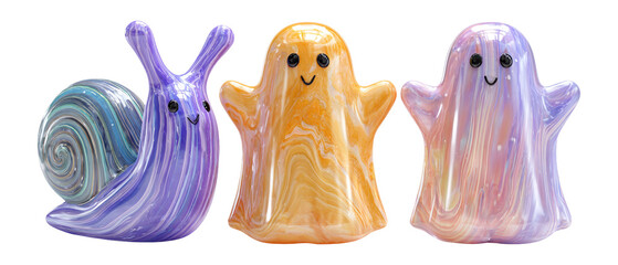 Colorful Glass Characters Representing Snail and Ghost Figures