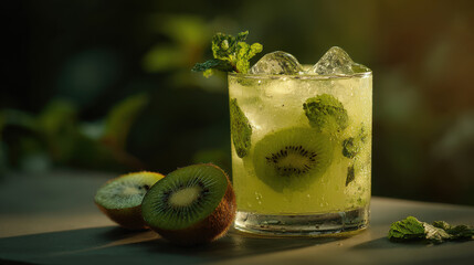 refreshing cocktail of kiwi and mint lemonade beautifully garnished with vibrant fruits and ice awaits you on clean
