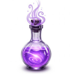 Magical purple potion in a glass bottle with swirling smoke