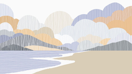 Minimalist abstract landscape featuring a serene scene of beach scene with mountains and big fluffy clouds filled with lines of muted purple and grey tones