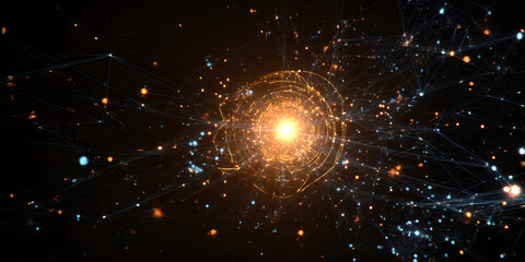 Glowing Circuitry: A mesmerizing digital network, conecting data points with lminous lines. A radiant coe pulses with energy.