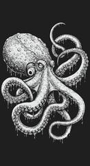 Obraz premium Detailed Monochrome Illustration of a Creepy Octopus with Dripping Tentacles and Textured Skin.
