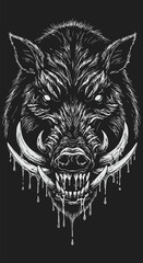 Ferocious Boar Head with Dripping Tusks and Intense Gaze White on Black.