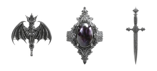Intricate Silver Jewelry Featuring Dragon, Gemstone, and Dagger Designs
