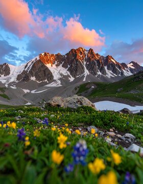 Mountain panorama at sunset. Lush wildflowers carpet the valley floor, below snow-capped peaks bathed in a vibrant sunset