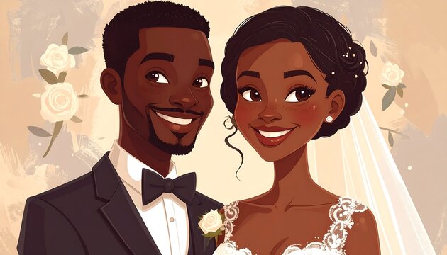 A joyful couple in wedding attire.  Happy faces, stylish
