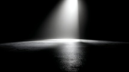 A single bright spotlight shines down on a dark, textured floor, creating a dramatic and atmospheric scene with a sense of mystery and focus
