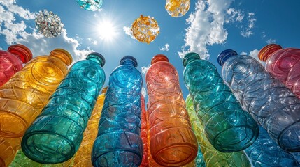 Colorful plastic bottles against a sunny sky