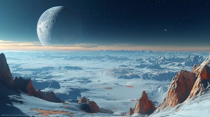 Alien planet landscape with large moon, icy plains, and rocky mountains under a starry sky