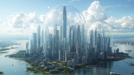 Futuristic island city enclosed in transparent domes