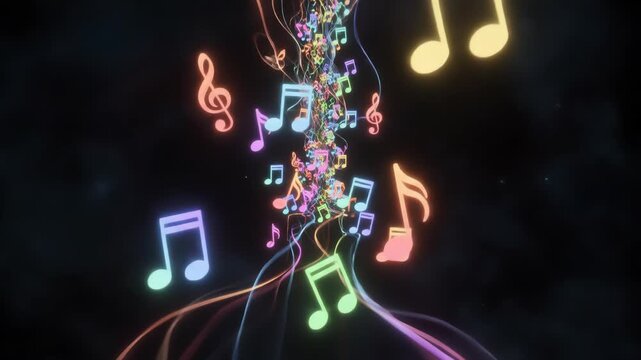 An abstract visualization featuring a cascade of luminous, multicolored musical notes and treble clefs, swirling upwards against a dark, cloudy background with glowing highlights.