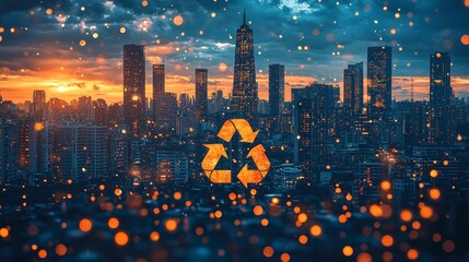 Sunset cityscape with recycling symbol overlay