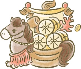 馬の宝船のイラスト。2026年午年の年賀状素材