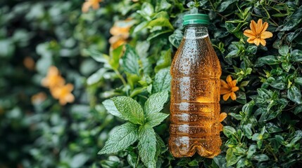 Refreshing amber beverage in a plastic bottle amidst lush greenery