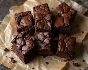 Rustic Chocolate Brownie Flatlay: Top-down shot of rustic chocolate brownies placed on parchment paper, cozy artisan style for bakery menu design.