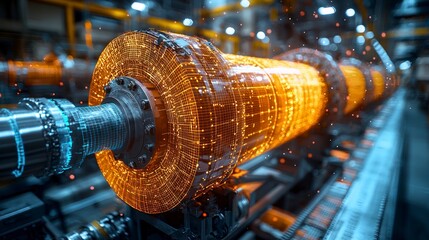 Glowing industrial roller in automated factory