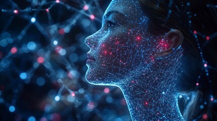 Woman's face digitally mapped with glowing nodes and lines, futuristic aesthetic