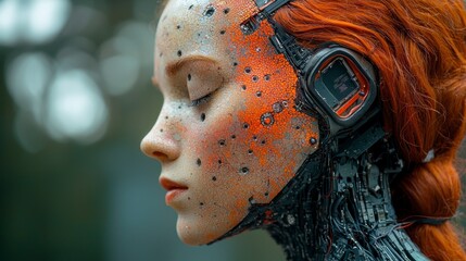 Cyborg woman profile, serene expression, intricate mechanical details, orange accents, nature background