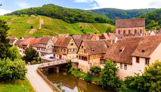 Picturesque European village nestled amongst rolling hills, showcasing charming timber-framed houses and vineyards.