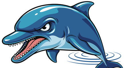 Naklejka premium Aggressive Dolphin Cartoon Illustration with Sharp Teeth and Intense Gaze for Mascot Design and Marine Life Educational Resources