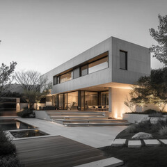 숲과 정원이 있는 모던한 분위기의 저녁의 빌라