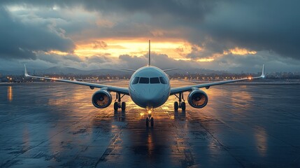 Airplane on runway at sunset, dramatic sky