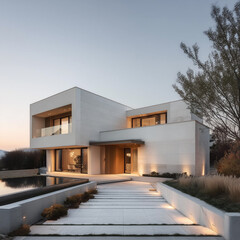 숲과 정원이 있는 모던한 분위기의 저녁의 빌라