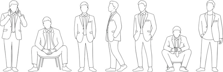 Businessmen in formal suits, standing and sitting in various professional poses, minimal line art style, corporate attire illustration.