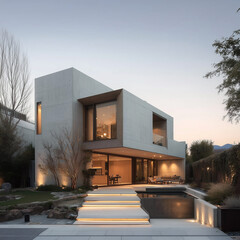 숲과 정원이 있는 모던한 분위기의 저녁의 빌라