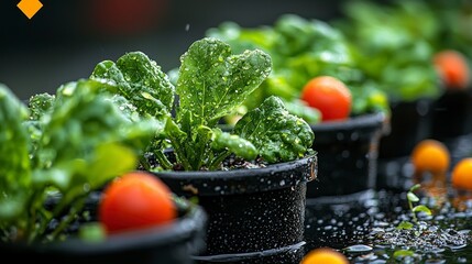 Lush spinach and cherry tomatoes thrive in dark pots, glistening with water droplets